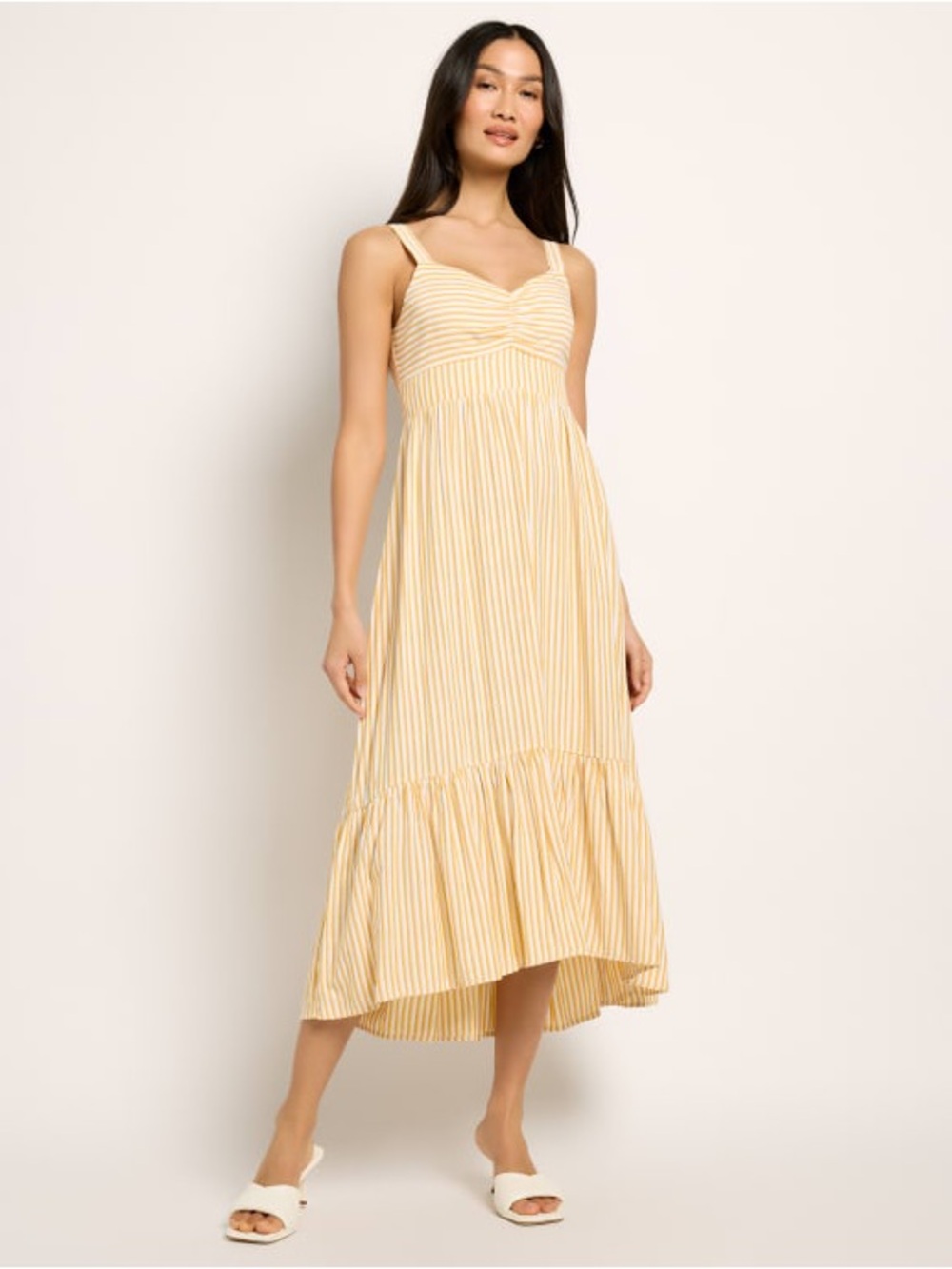 Skies Are Blue | Women’s Mustard Yellow/Cream Striped Sweetheart Midi Sundress L